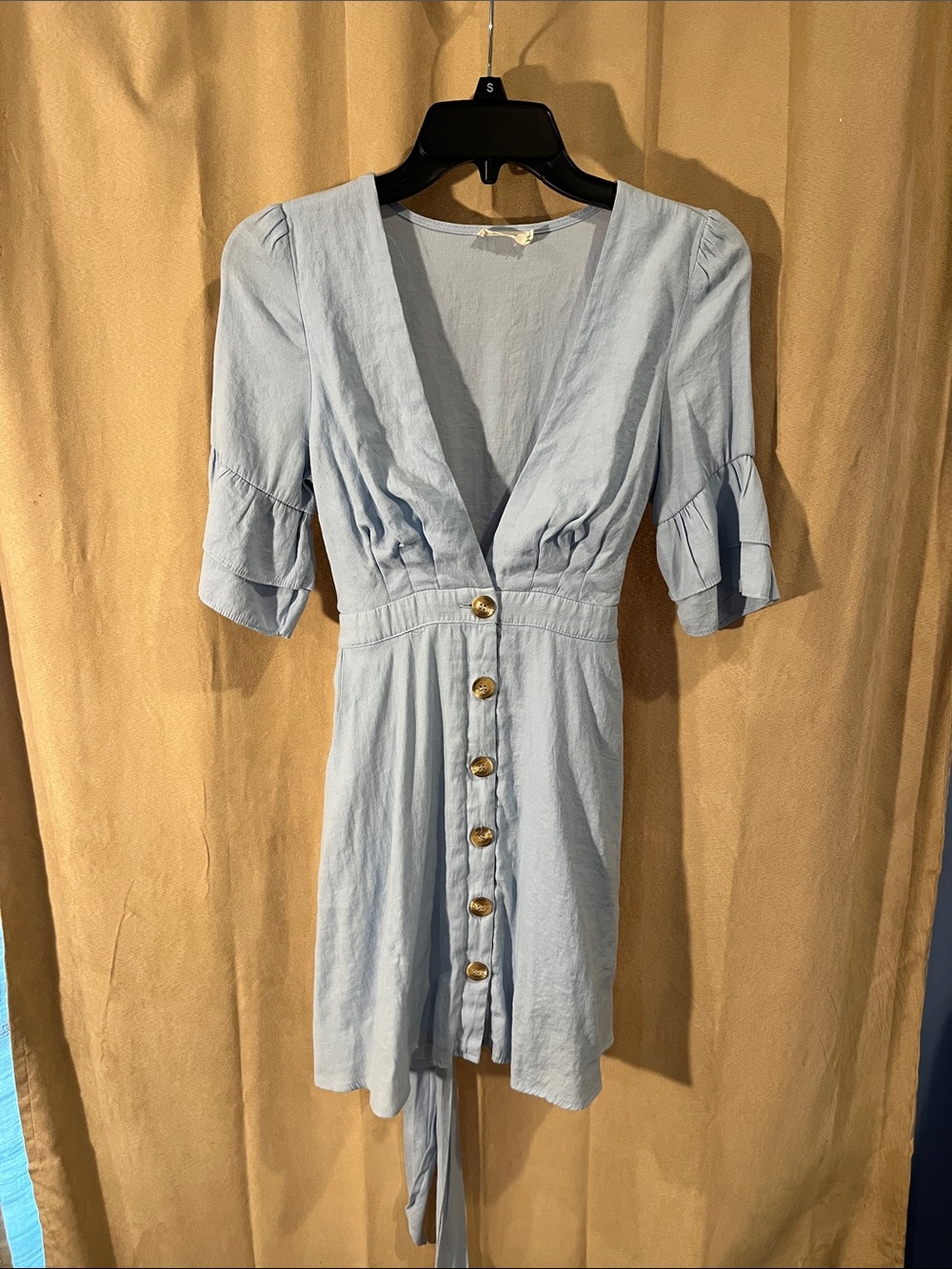 essue Sky Blue V-Neck Button-Front Mini Dress